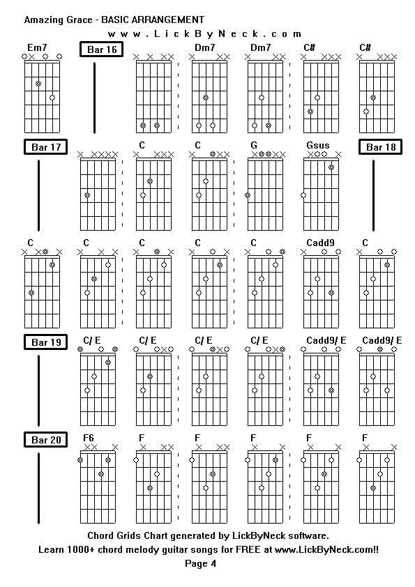 Chord Grids Chart of chord melody fingerstyle guitar song-Amazing Grace - BASIC ARRANGEMENT,generated by LickByNeck software.